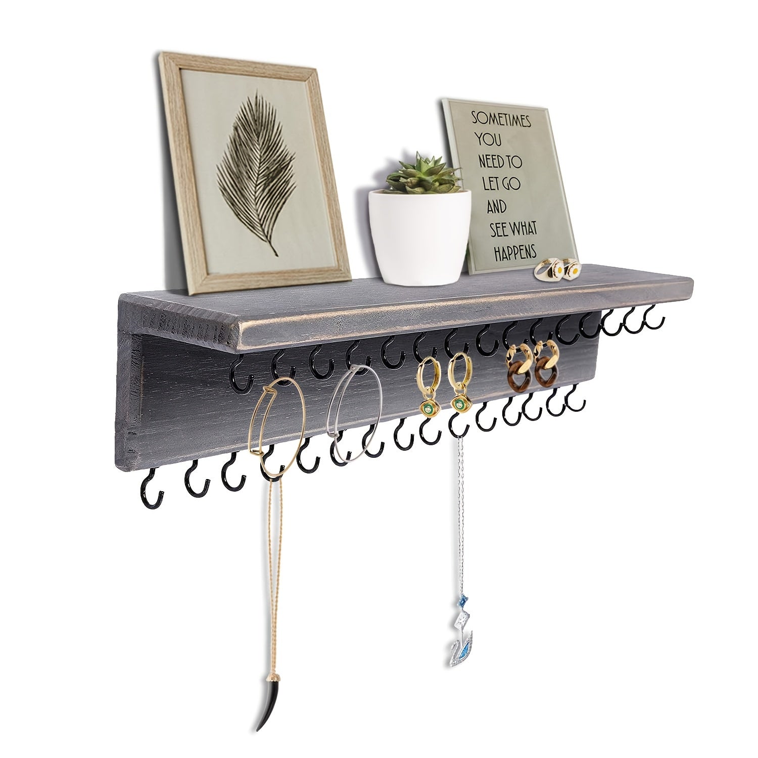 30 Hooks Rustic Wood Jewelry Organizer Shelf, Wall Mount Accessory Holder for Necklaces Earrings