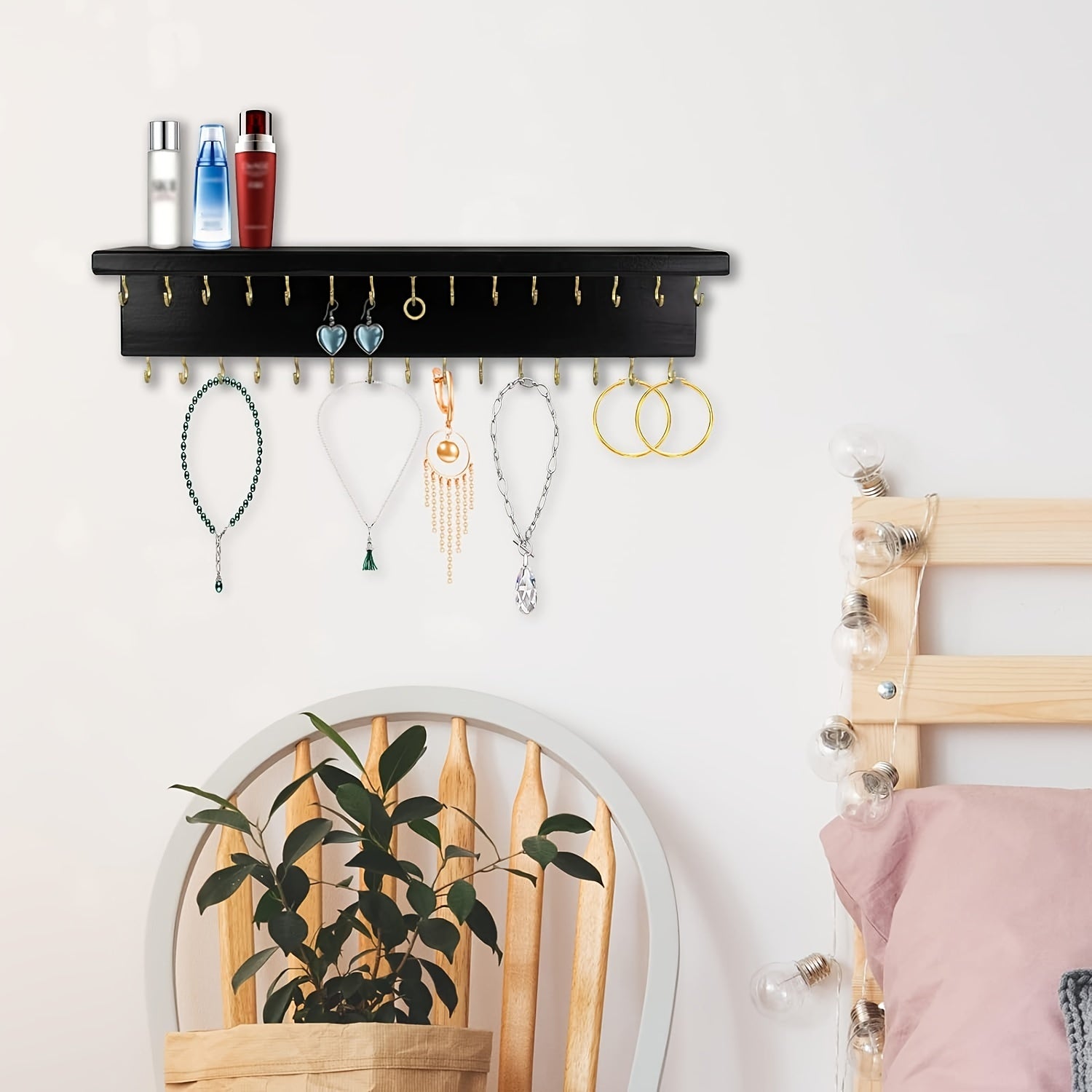 30 Hooks Rustic Wood Jewelry Organizer Shelf, Wall Mount Accessory Holder for Necklaces Earrings