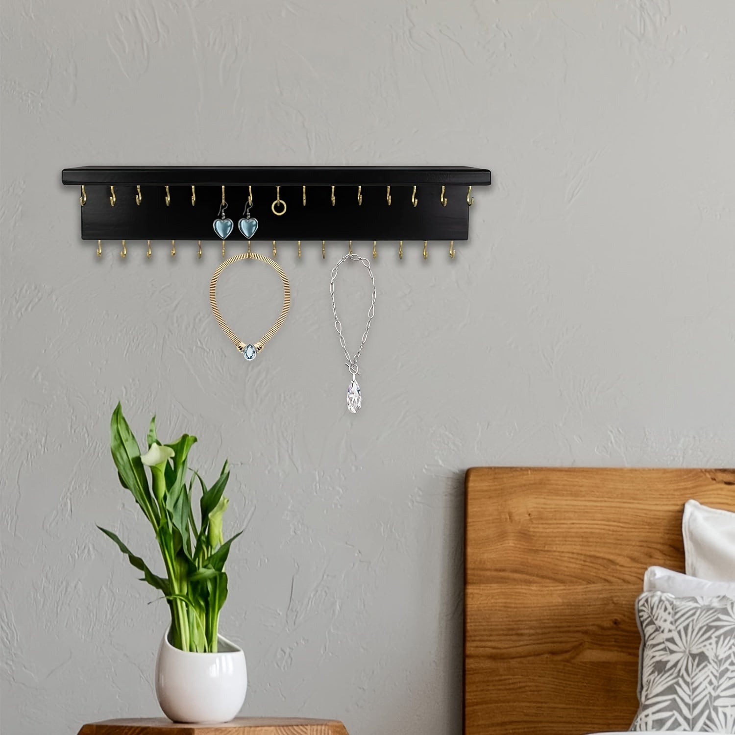 30 Hooks Rustic Wood Jewelry Organizer Shelf, Wall Mount Accessory Holder for Necklaces Earrings